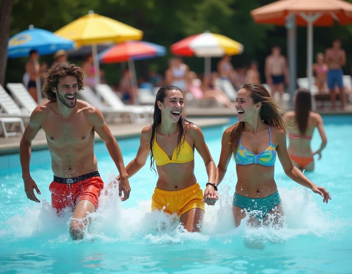 Groupe d'adolescents s'amusant dans la piscine à vagues d'un parc aquatique lyonnais en été
