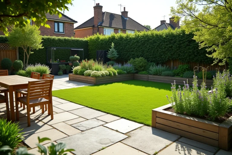 Vue d'ensemble d'un jardin résidentiel bien aménagé avec terrasse, pelouse, massifs fleuris et potager surélevé