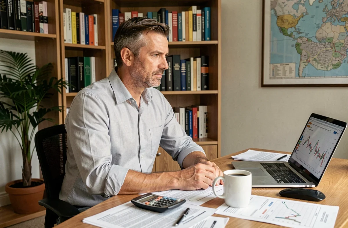 Un investisseur immobilier analyse des données financières et des graphiques de marché dans son bureau à domicile
