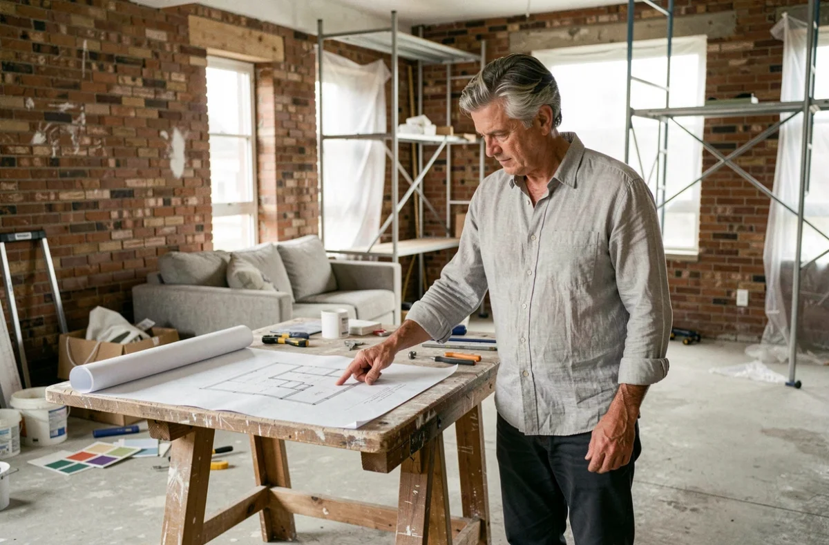 Architecte expert présentant les plans de rénovation dans un appartement en cours de travaux, accompagnement professionnel pour rénovation réussie