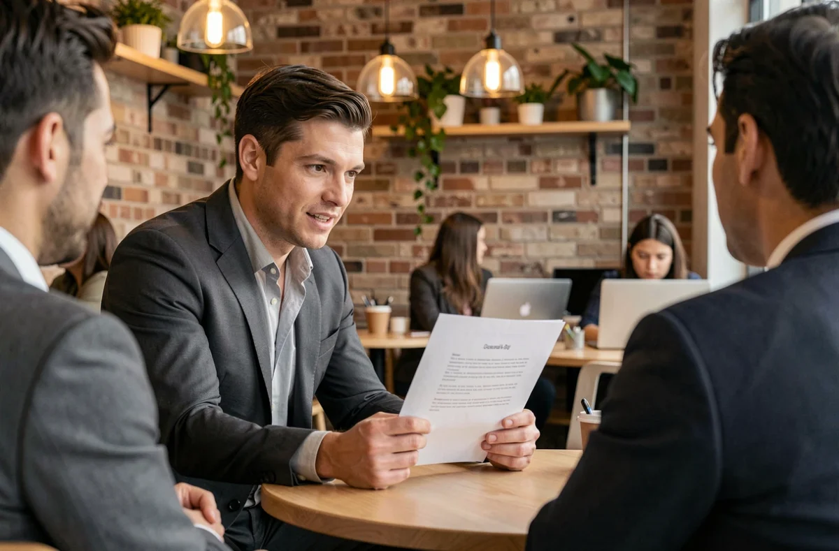 Commercial en réunion client dans un espace de coworking présentant son argumentaire de vente