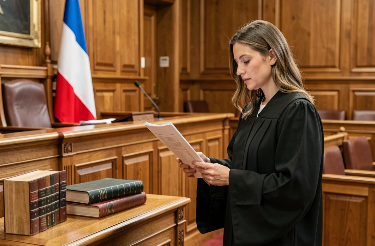 Avocate en robe noire consultant un document juridique dans une salle d'audience française, symbolisant l'application du code de procédure pénale et les droits de la défense
