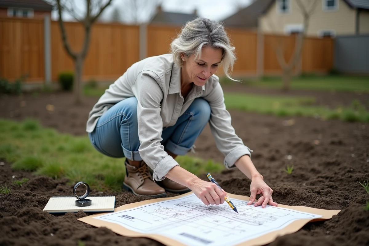 Une femme analyse un plan d'ensoleillement dans son jardin avant de décider où planter ses végétaux