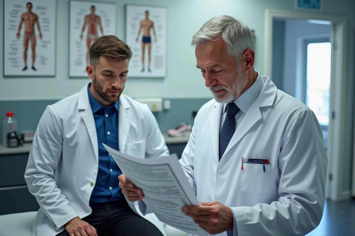 Médecin délivrant un certificat médical d'aptitude sportive à un coureur pour la Diagonale des Fous