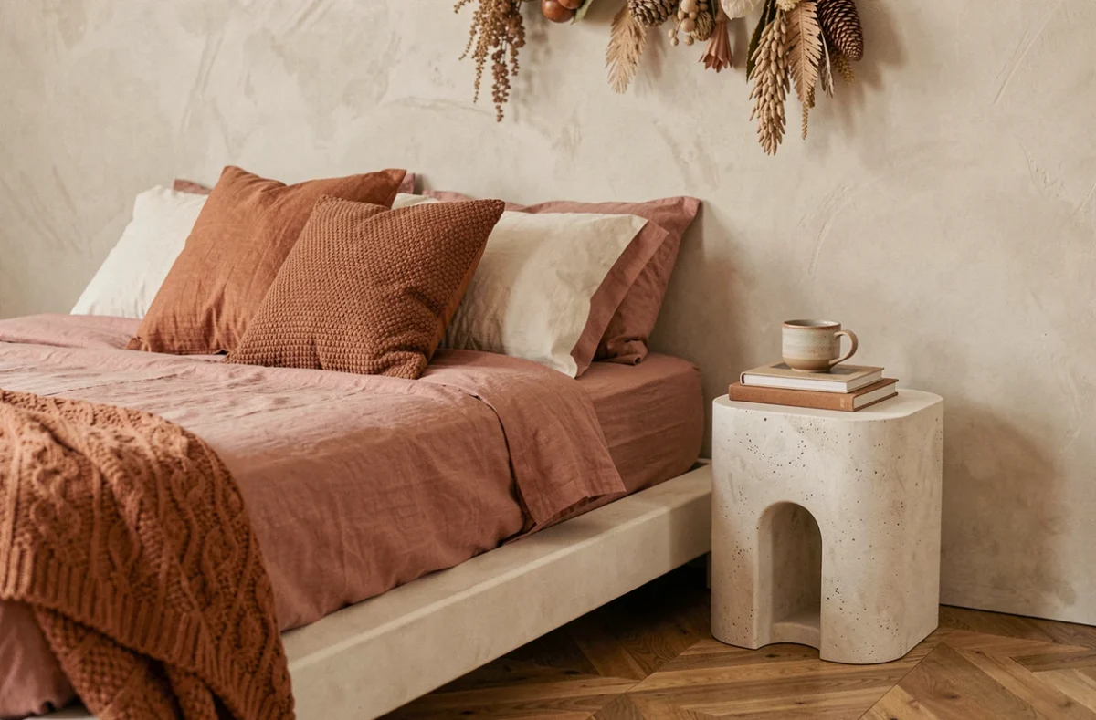 Coin chambre tendance avec lit en lin rose poudré, table de chevet en plâtre sculpté et décoration botanique séchée dans une atmosphère apaisante et minimaliste