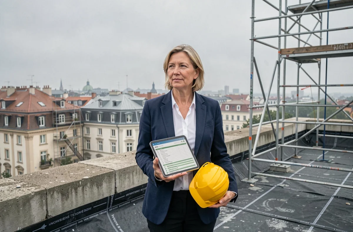 Chef de projet experte supervisant un chantier de rénovation en toiture terrasse, gestion professionnelle et sans stress d'une rénovation en 2026