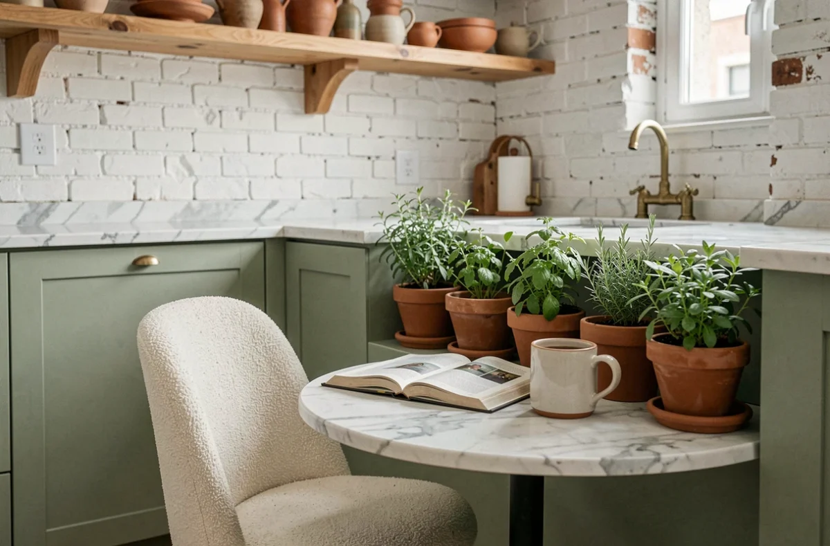 Coin cuisine tendance avec table en marbre, chaise en bouclé, plantes aromatiques en pot et vaisselle artisanale dans une atmosphère cosy et contemporaine