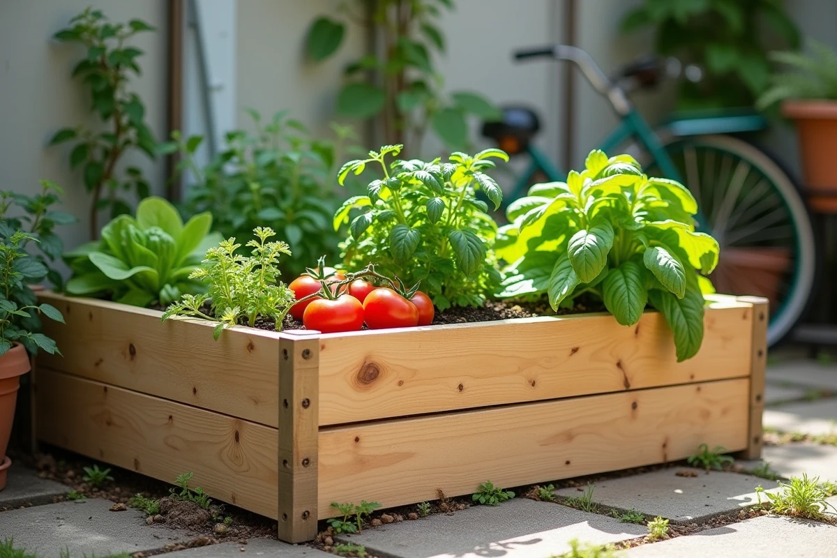 Carré potager surélevé en bois planté de tomates, laitues et herbes aromatiques dans un petit espace de jardin urbain