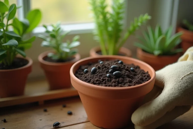 Gros plan de collemboles noirs sur terre humide dans un pot de fleurs en terre cuite posé sur une étagère de cuisine en bois
