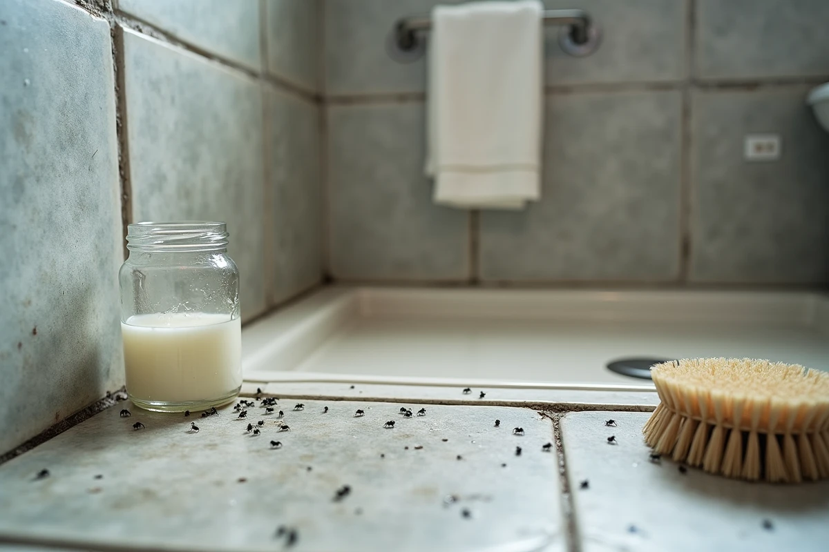 Coin de salle de bain humide avec collemboles noirs près du joint de douche et remèdes naturels au vinaigre blanc pour les éliminer