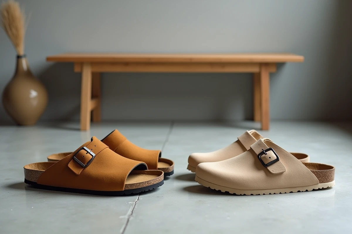 Comparaison côte à côte d'une paire de sandales Birkenstock Arizona en daim et de sabots Scholl orthopédiques beige posés sur un sol en béton