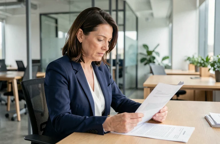 Femme professionnelle consultant des documents légaux d'une entreprise de décoration intérieure dans un bureau moderne