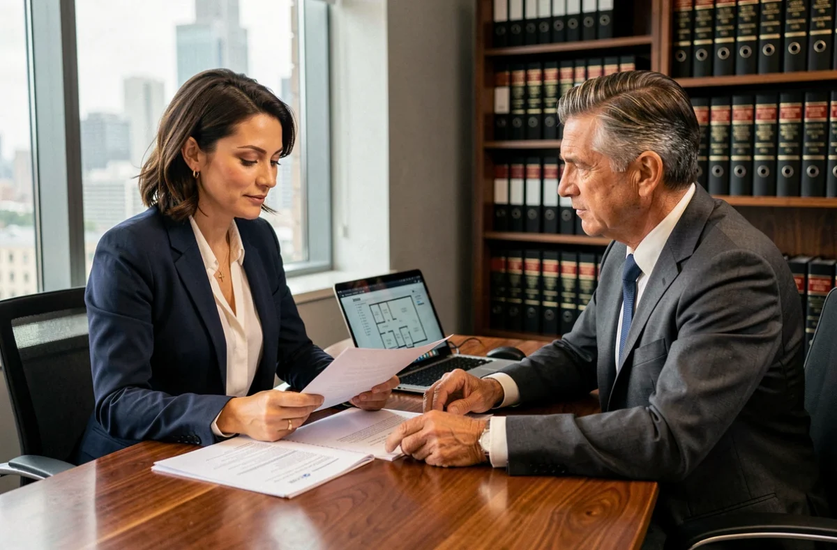 Une investisseuse immobilière discute avec un conseiller expert autour de documents de propriété dans un bureau professionnel