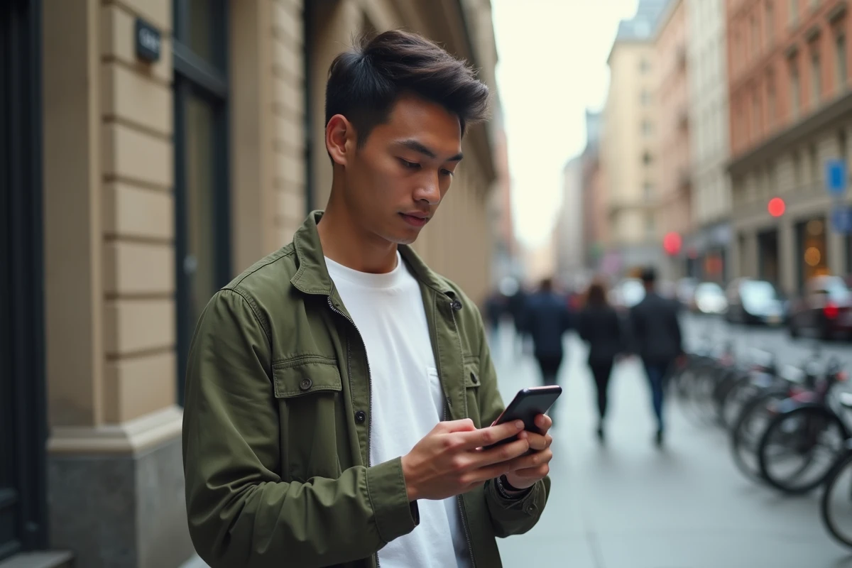 Jeune homme consultant son relevé de compte CIC sur smartphone dans la rue en ville