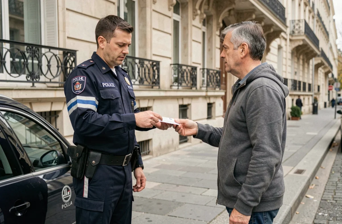 Policier français en uniforme contrôlant l'identité d'un passant dans une rue parisienne, illustrant un contrôle d'identité légal en vertu de l'article 78-2-1 du code de procédure pénale