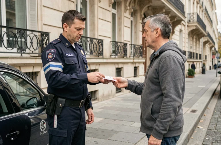 Policier français en uniforme contrôlant l'identité d'un passant dans une rue parisienne, illustrant un contrôle d'identité légal en vertu de l'article 78-2-1 du code de procédure pénale
