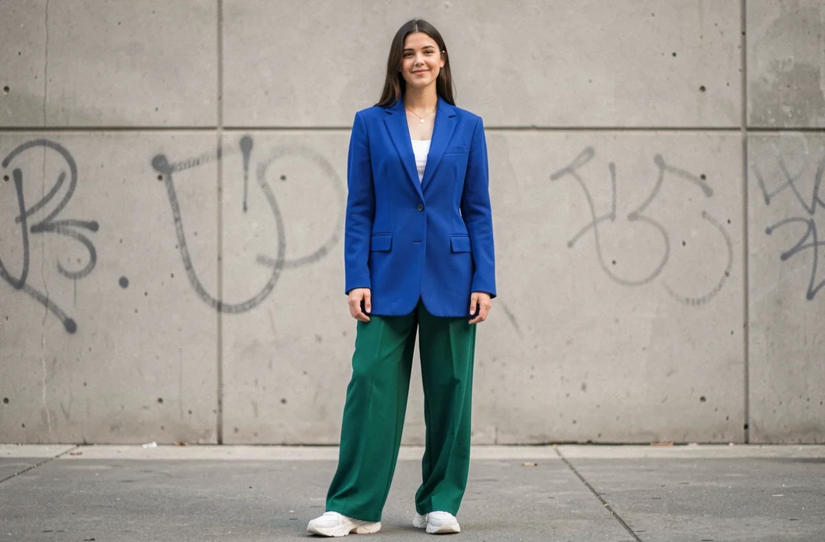 Femme en blazer bleu cobalt et pantalon vert émeraude illustrant les couleurs vibrantes de la saison