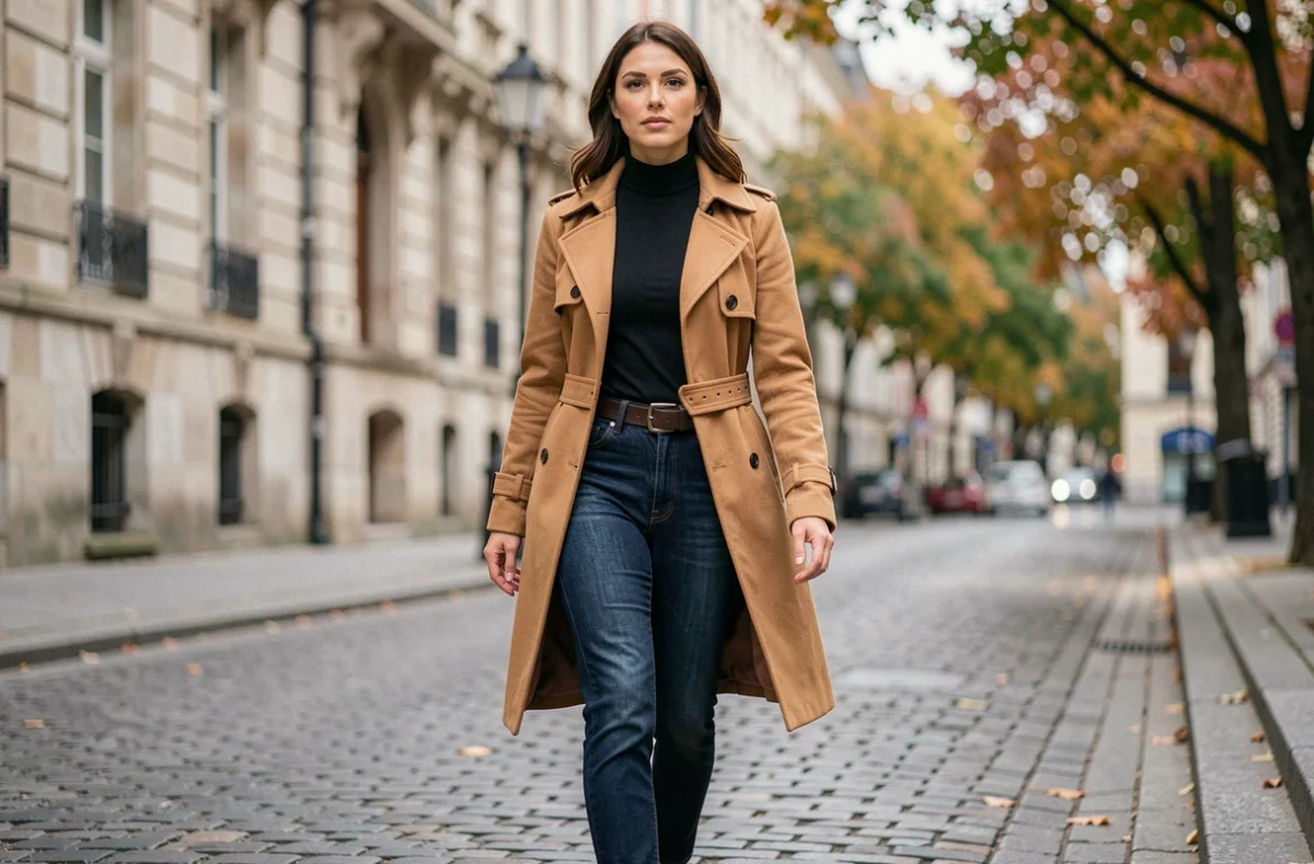 Femme portant un trench camel et un jean droit dans une rue pavée, illustrant des coupes quotidiennes stylées