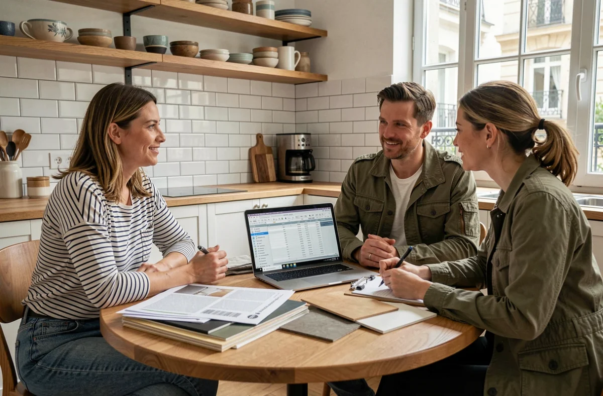 Couple consultant une experte en rénovation autour d'une table avec échantillons de matériaux, accompagnement expert pour projet de rénovation sans stress