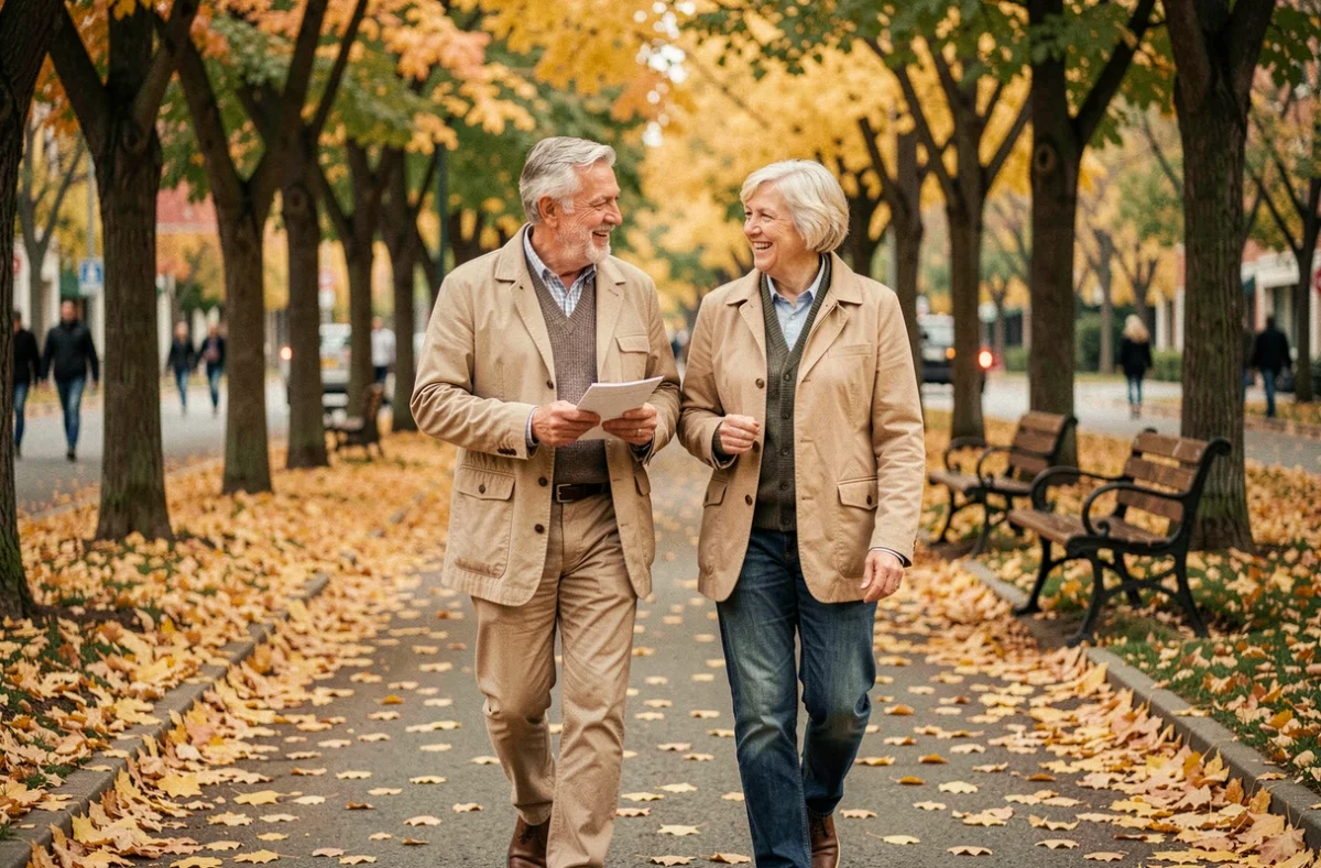 Couple de retraités qui se promène sereinement dans un parc en automne en planifiant leur avenir