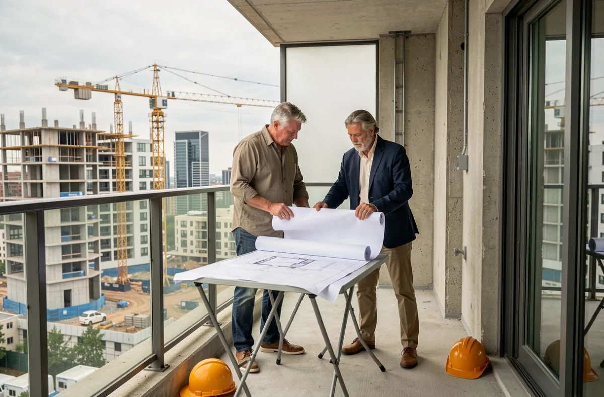 Un couple examine des plans architecturaux sur le chantier d'un appartement neuf lors d'un investissement immobilier