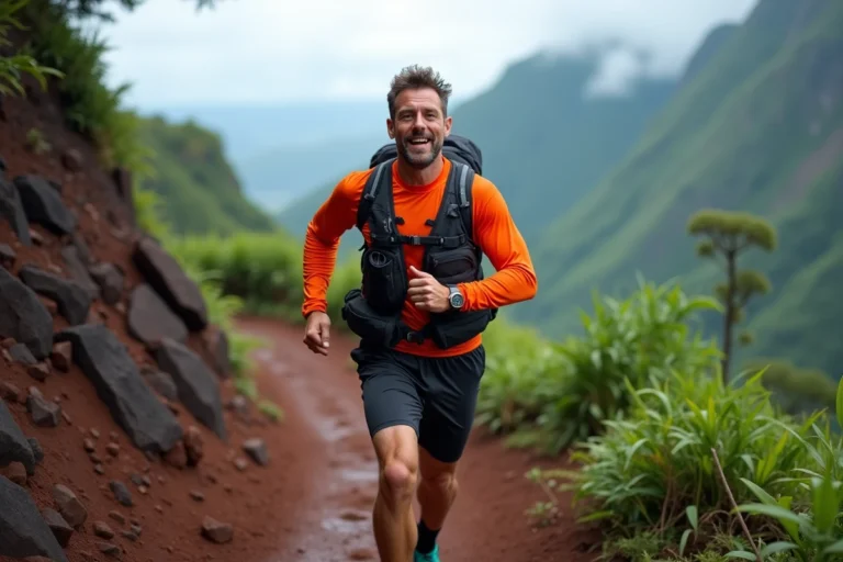 Coureur de trail sur un sentier volcanique de La Réunion lors de la Diagonale des Fous