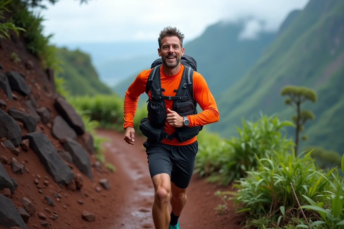 Coureur de trail sur un sentier volcanique de La Réunion lors de la Diagonale des Fous