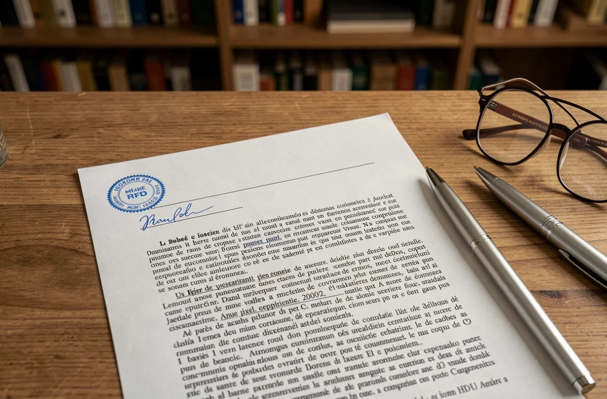 Documents légaux officiels d'une société de décoration intérieure avec tampon et signature sur bureau en bois
