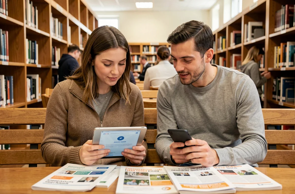 Deux jeunes adultes consultant ensemble des ressources pour l'emploi sur une tablette dans une bibliothèque