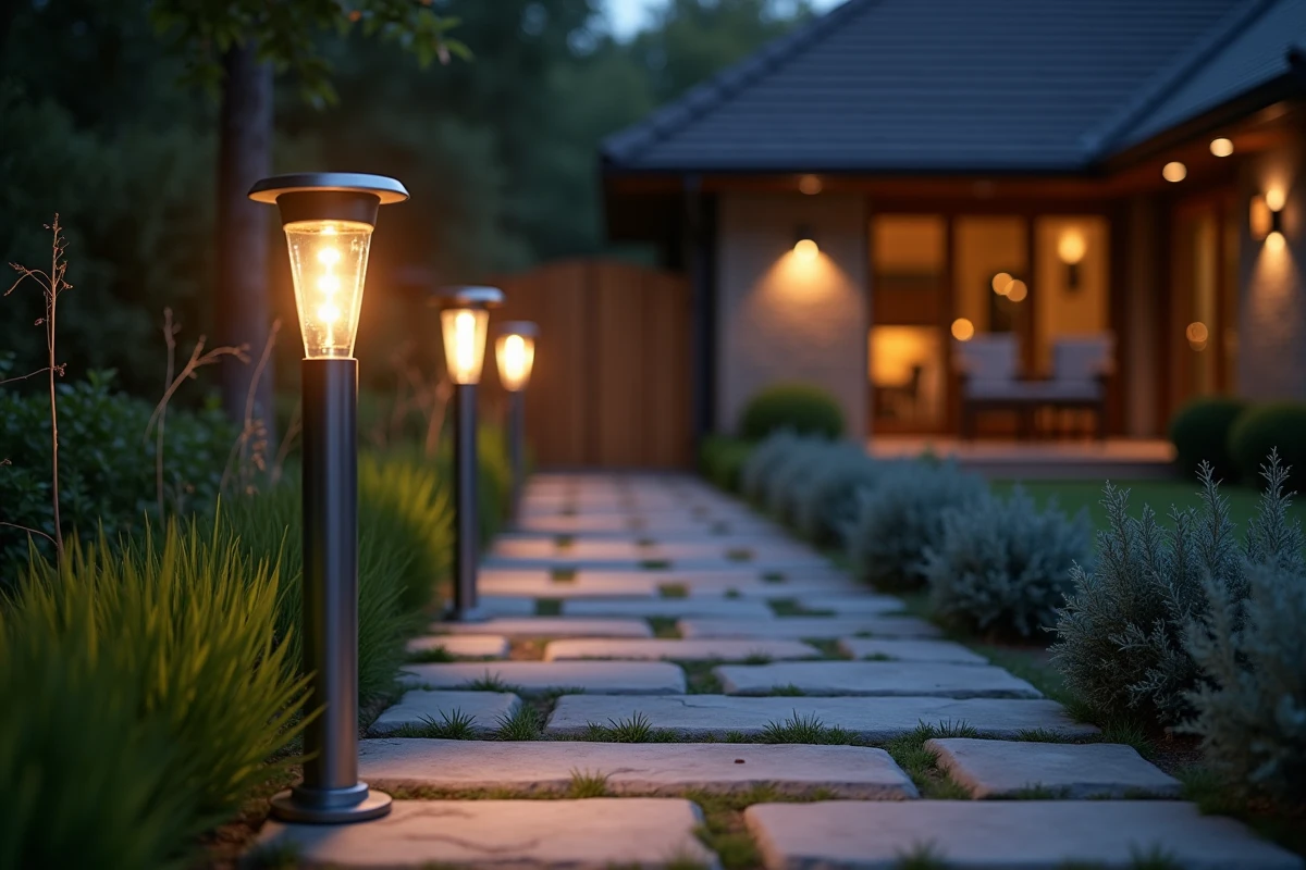 Allée de jardin bordée de bornes solaires LED basse consommation guidant la circulation jusqu'à la terrasse en soirée