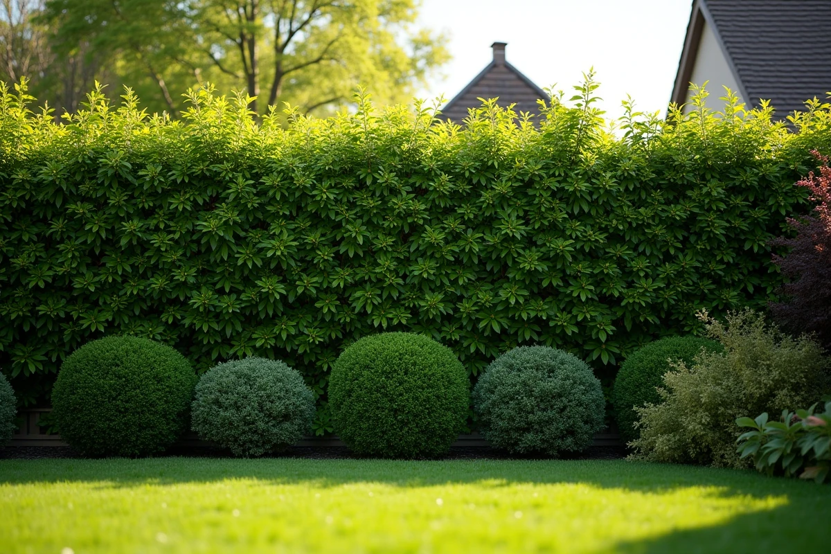 Haie végétale dense composée d'arbustes variés servant d'écran naturel de verdure en lieu et place d'une clôture pleine