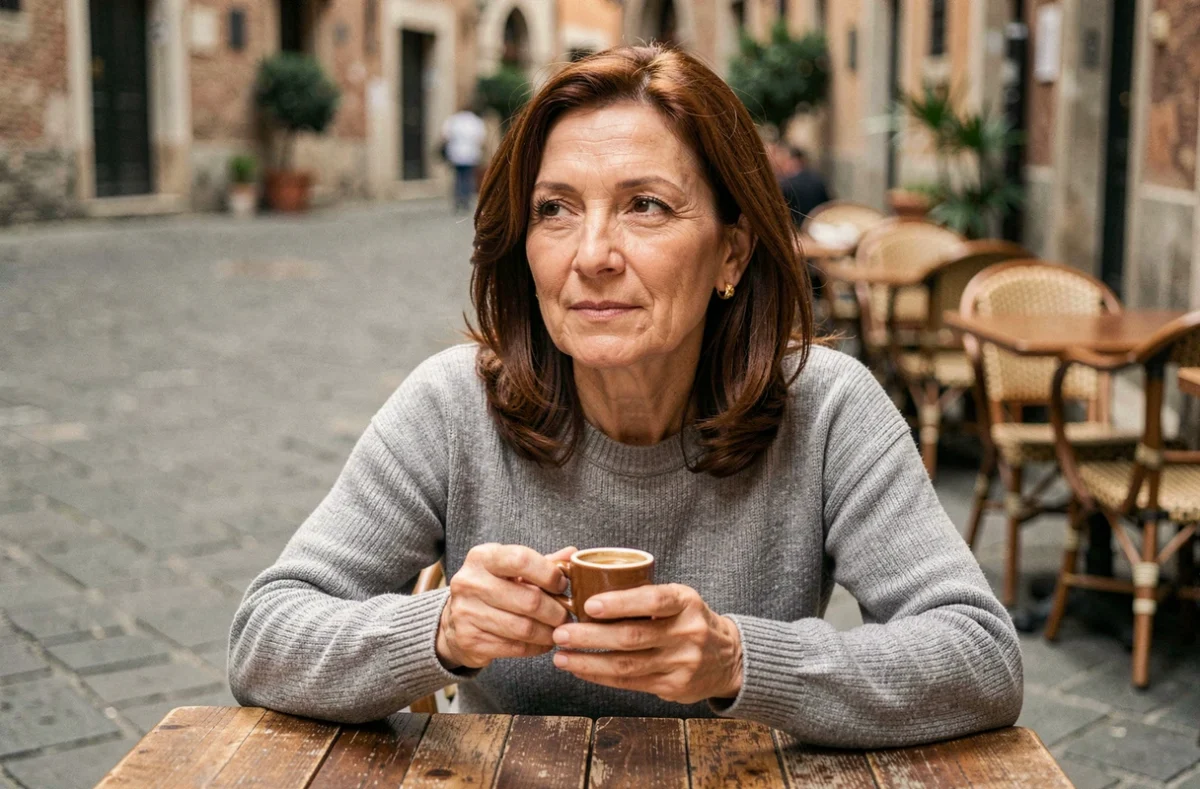 Portrait intimiste d'une femme italienne dans un café en plein air sur une piazza, illustrant la vie personnelle et retirée d'Enrica Cenzatti