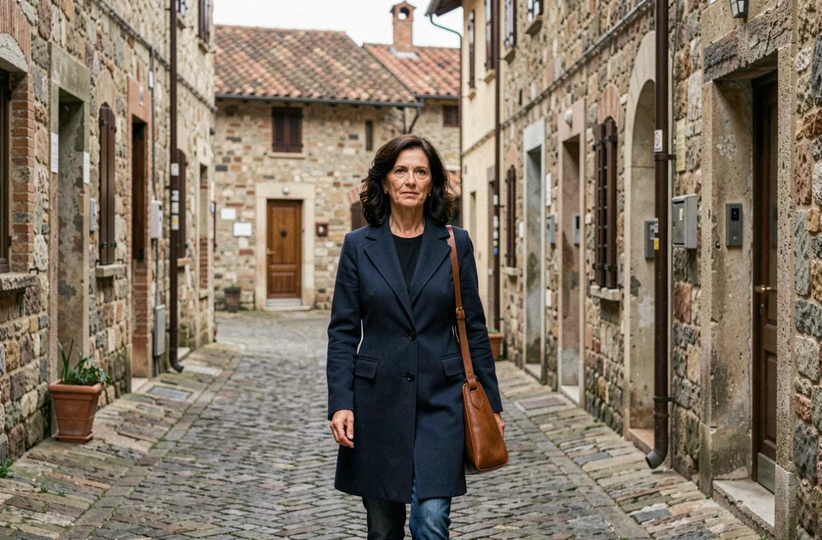 Femme italienne marchant dans une rue pavée de Toscane, illustration du quotidien discret d'Enrica Cenzatti loin des projecteurs