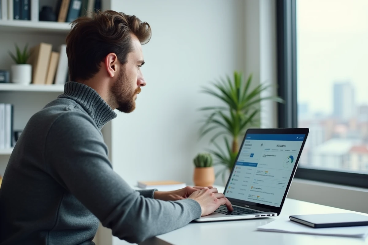 Entrepreneur concentré utilisant un logiciel de gestion innovant pour développer son entreprise depuis son bureau