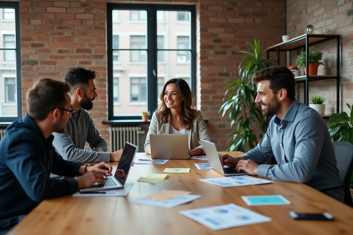 Équipe d'entrepreneurs collaborant autour d'outils numériques innovants dans un espace de coworking