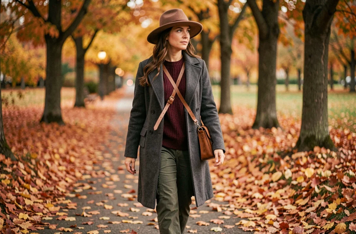 Femme en manteau en laine, chapeau et sac en cuir dans un parc automnal, illustrant les essentiels du vestiaire automne-hiver