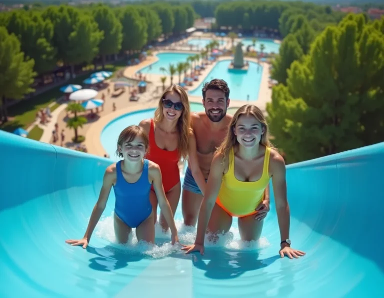 Famille souriante au sommet d'un toboggan dans un parc aquatique près de Lyon lors d'une sortie estivale