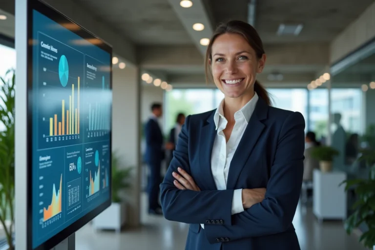Femme d'affaires présentant des graphiques de croissance d'entreprise sur un écran tactile dans un bureau moderne