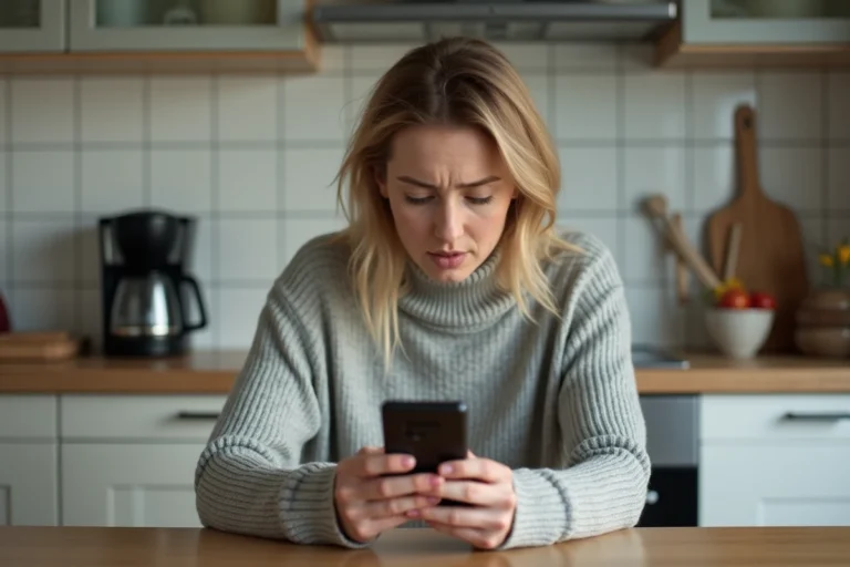 Femme consultant son smartphone avec une expression perplexe face à un appel d'un numéro inconnu dans une cuisine moderne