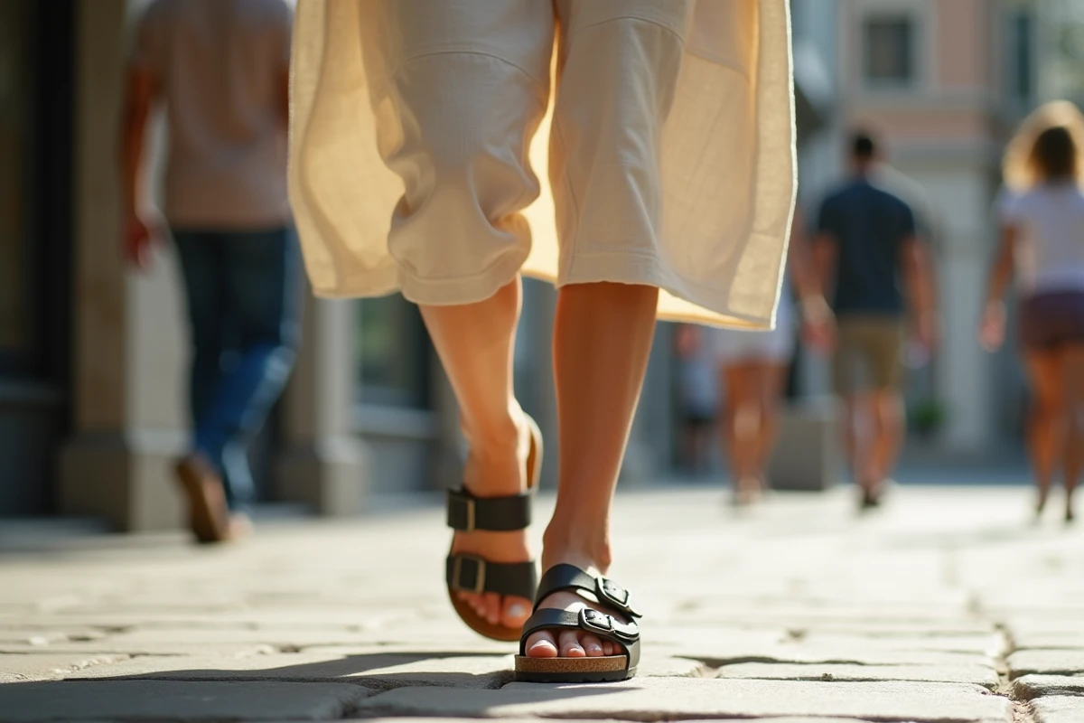 Femme portant des sandales Birkenstock en marchant sur un trottoir en pierre dans un environnement urbain décontracté