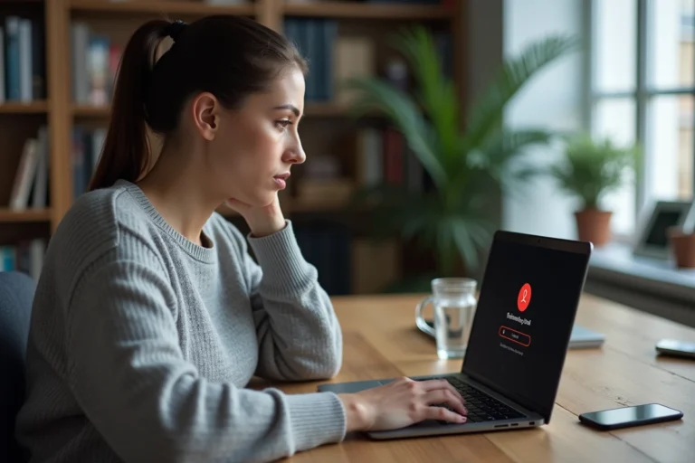 Femme frustrée devant un message d'erreur de connexion sur son ordinateur portable au bureau