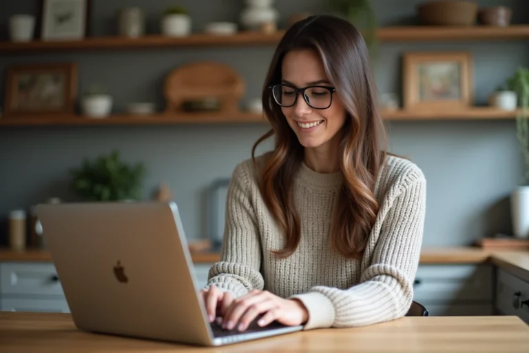Femme brune au bureau cuisine moderne et chaleureuse
