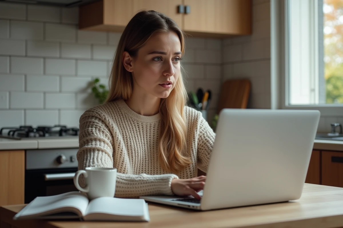 Femme dans la cuisine utilisant son ordinateur avec erreur VAN 79