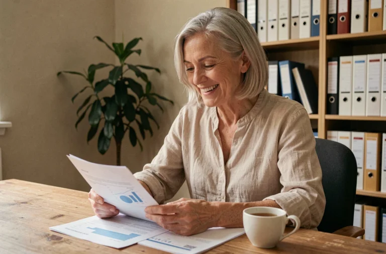 Femme de 60 ans souriante qui planifie sa retraite en révisant des documents financiers à son bureau à domicile