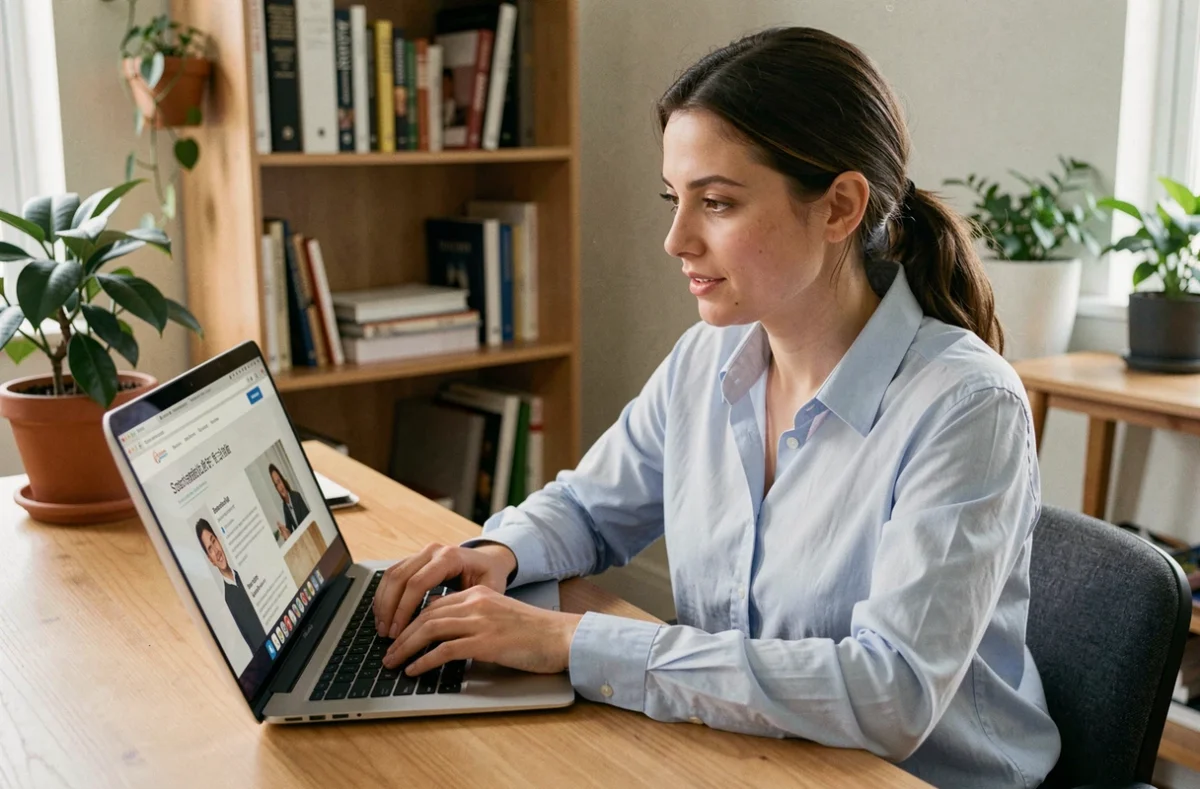 Femme consultant des ressources pour l'emploi sur un ordinateur portable dans un bureau à domicile