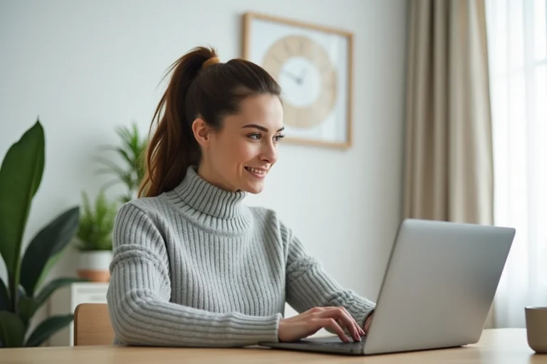 Femme consultant son relevé de compte CIC en ligne sur un ordinateur portable dans un bureau à domicile