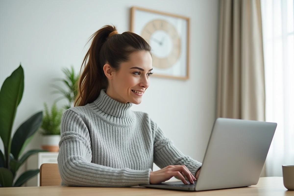 Femme consultant son relevé de compte CIC en ligne sur un ordinateur portable dans un bureau à domicile