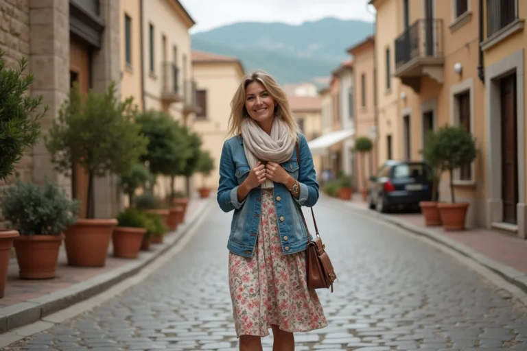 Femme ajustant une écharpe dans une ville sicilienne