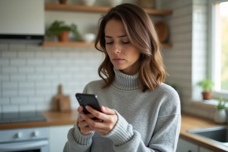 Femme tenant un smartphone affichant une notification d'appel manqué dans une cuisine moderne