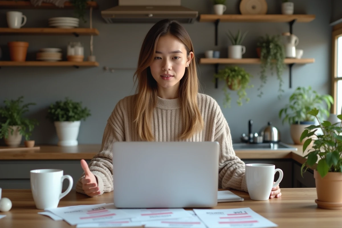 Jeune femme française en télétravail dans la cuisine